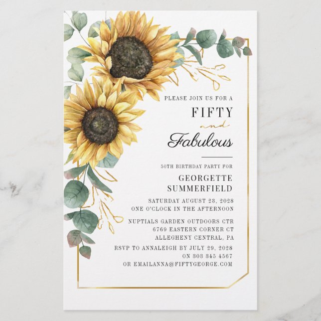 50 Fabulous Eucalyptus Sunflower Birthday Invite Stationery (Front)