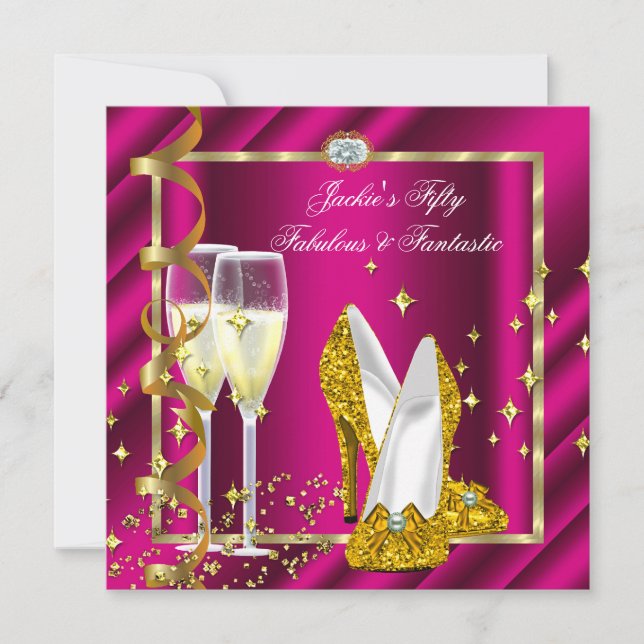 50 & Fabulous Fantastic Pink Yellow Gold Birthday Invitation (Front)