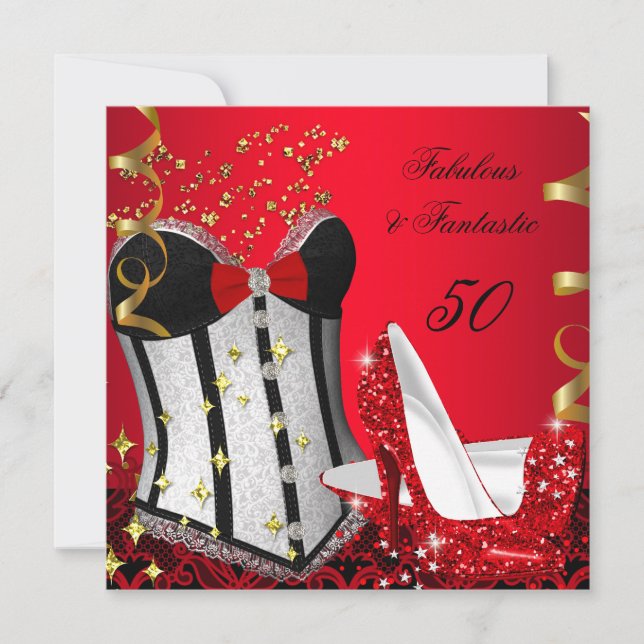 50 & Fabulous Fantastic Red Black Gold Birthday 2 Invitation (Front)