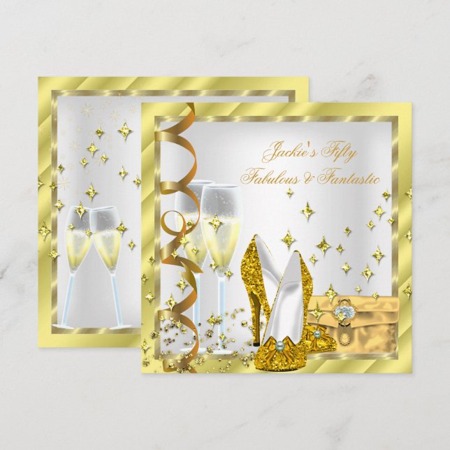 50 & Fabulous Fantastic White Yellow Gold Birthday Invitation (Front/Back)