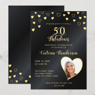 50 & Fabulous Faux Black Metallic & Gold Birthday  Invitation