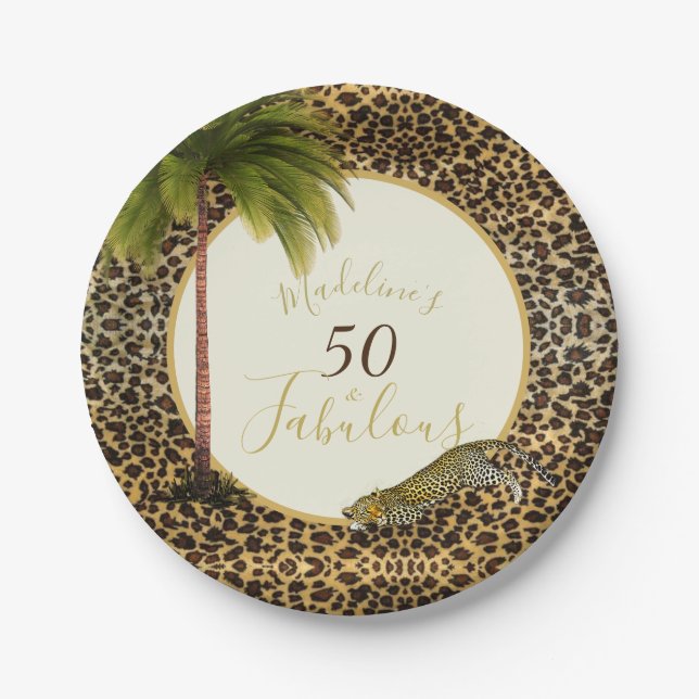 50 Fabulous Fiftieth Leopard Print Wild Birthday Paper Plate (Front)