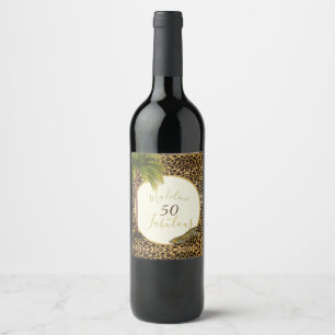 50 Fabulous Fiftieth Leopard Print Wild Palm Tree Wine Label