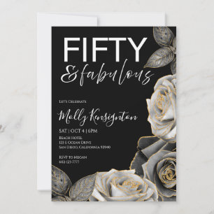 50 & Fabulous Floral Gold and Black Birthday Invitation
