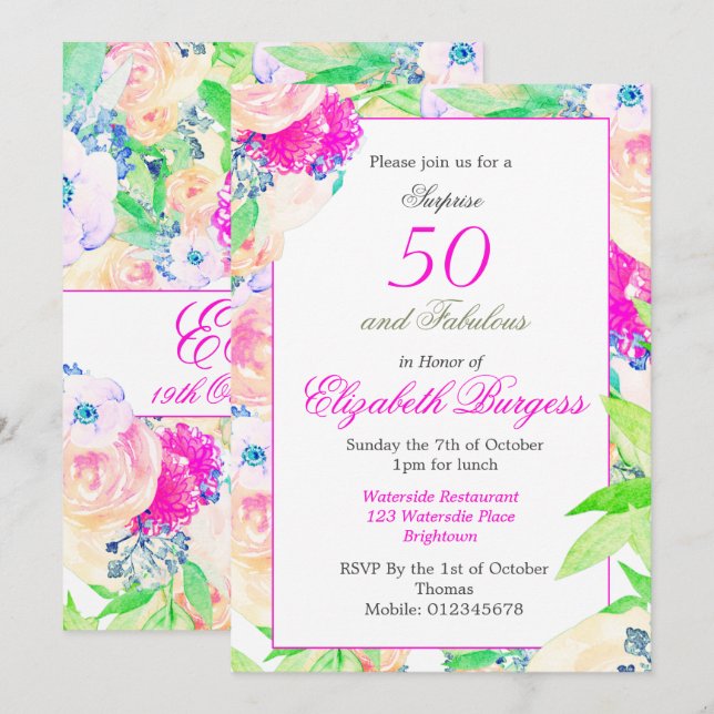 50 Fabulous  Floral Rose Pink Chic Birthday Invitation (Front/Back)