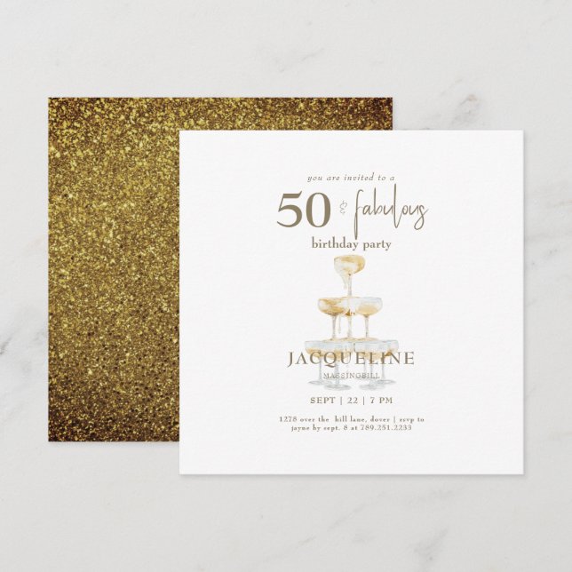 50 & Fabulous Glam Gold Square Birthday Party (Front/Back)