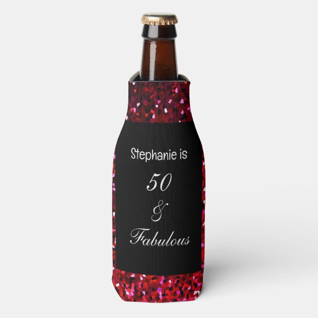 50 Fabulous Glitter Birthday Burgundy Pink Red Bottle Cooler (Bottle Front)