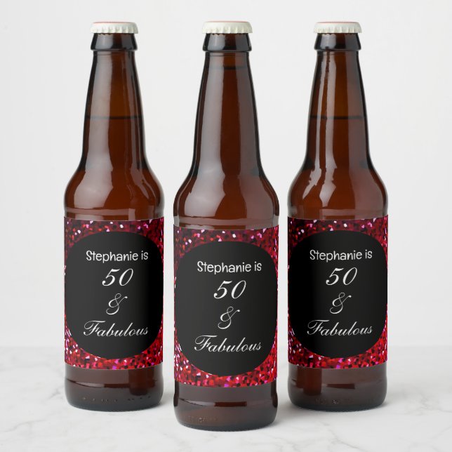 50 Fabulous Glitter Birthday Burgundy Red Pink  Beer Bottle Label (Bottles)