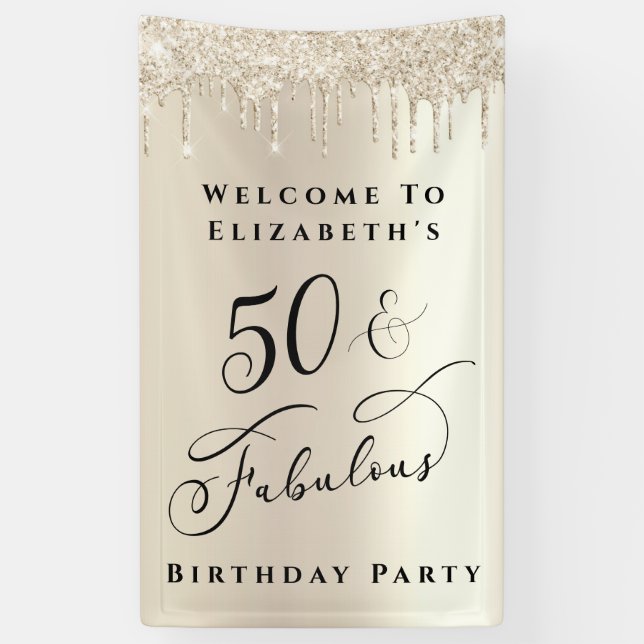 50 Fabulous Glitter Champagne Gold Birthday Banner (Vertical)