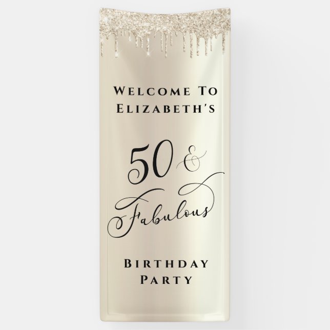 50 Fabulous Glitter Champagne Gold Birthday Party Banner (Vertical)