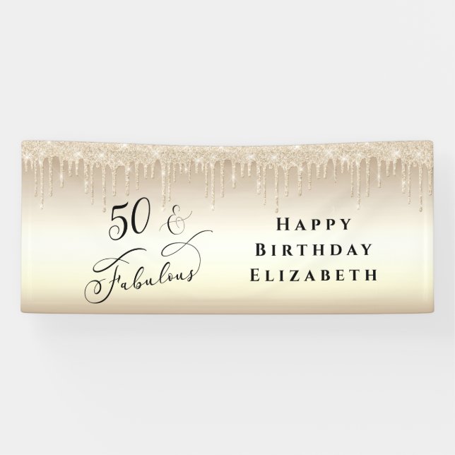 50 Fabulous Glitter Champagne Gold Birthday Party Banner (Horizontal)