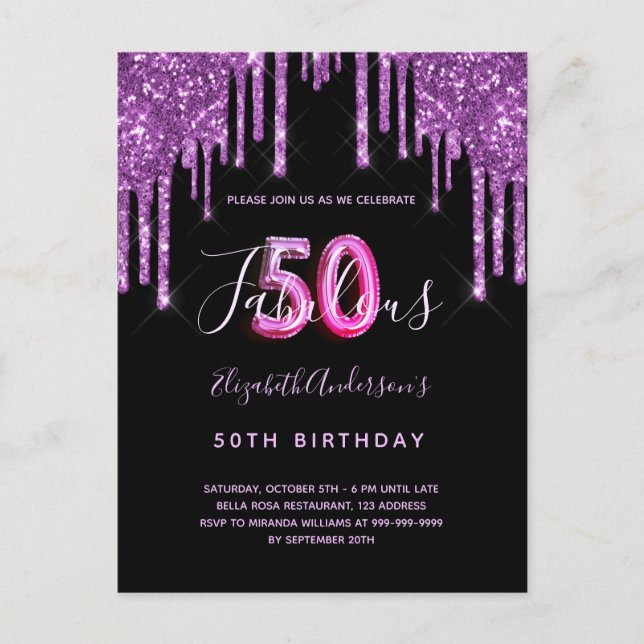 50 & Fabulous glitter drip black purple invitation Postcard (Front)