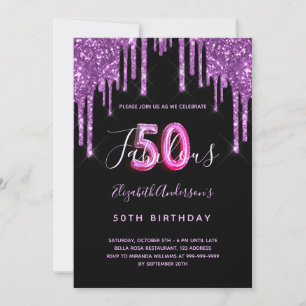 50 & Fabulous glitter dripping black purple glam Invitation