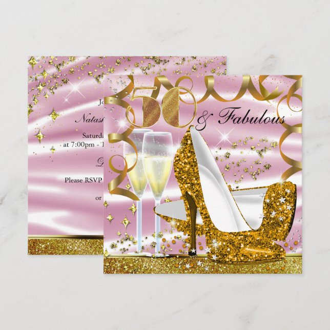 50 & Fabulous Glitter Gold Pink Birthday Invite (Front/Back)