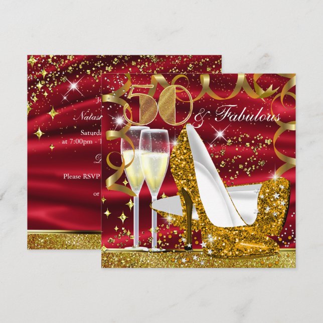 50 & Fabulous Glitter Gold Red Birthday Invite (Front/Back)