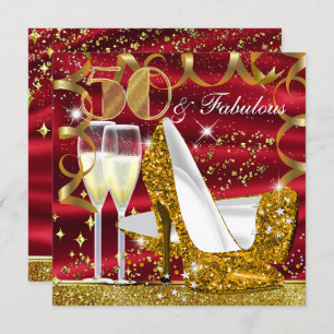 50 & Fabulous Glitter Gold Red Birthday Invite