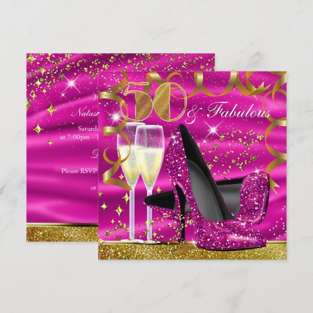 50 Fabulous Glitter Pink Gold Birthday Invite (Front/Back)