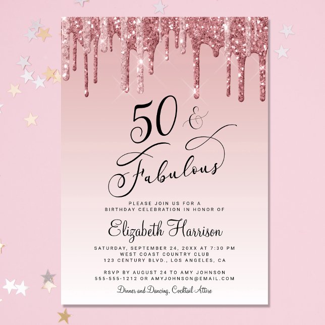 50 Fabulous Glitter Rose Gold Pink Birthday Party Invitation (Celebrate her 50 years of sparkle with an elegant glitter birthday party invitation )