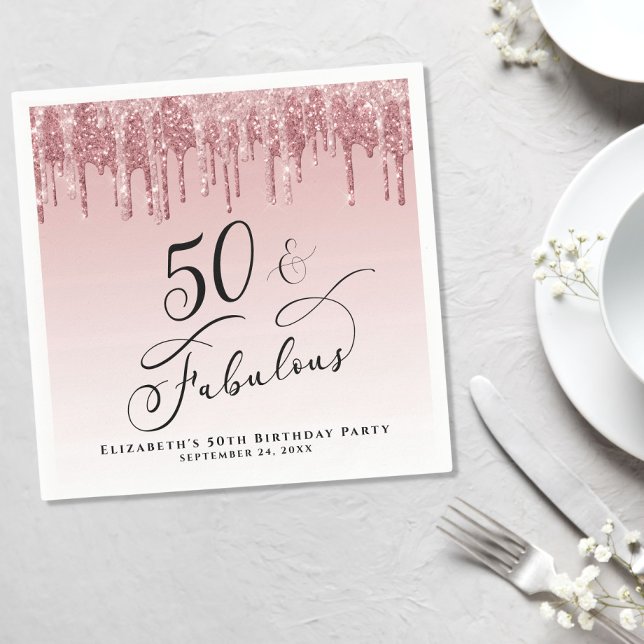 50 Fabulous Glitter Rose Gold Pink Birthday Party Napkin (Creator Uploaded)