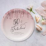 50 Fabulous Glitter Rose Gold Pink Birthday Party Paper Plate<br><div class="desc">Elegant and chic personalised 50th birthday party paper plates. "50 & Fabulous" is written in stylish script against a pink ombre background,  with pink and rose gold faux glitter dripping from the top. You can personalise with her name and date of the party.</div>