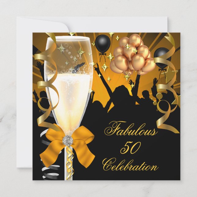 50 & Fabulous Gold Black Birthday Champagne Invitation (Front)
