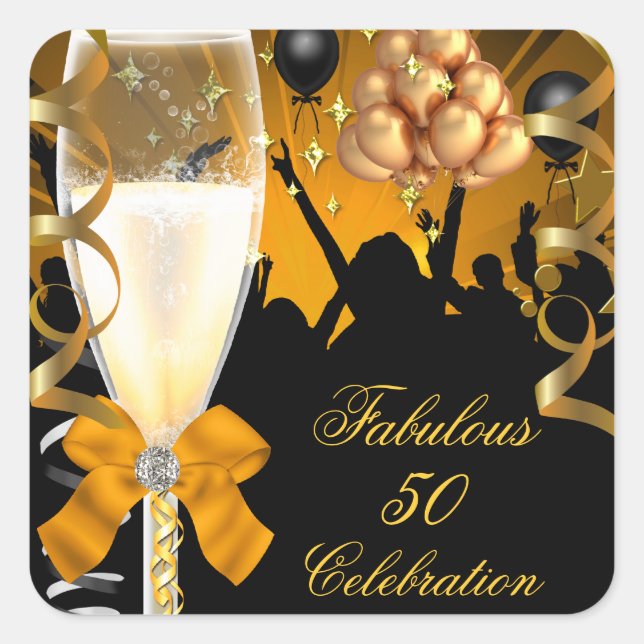 50 & Fabulous Gold Black Birthday Champagne Square Sticker (Front)