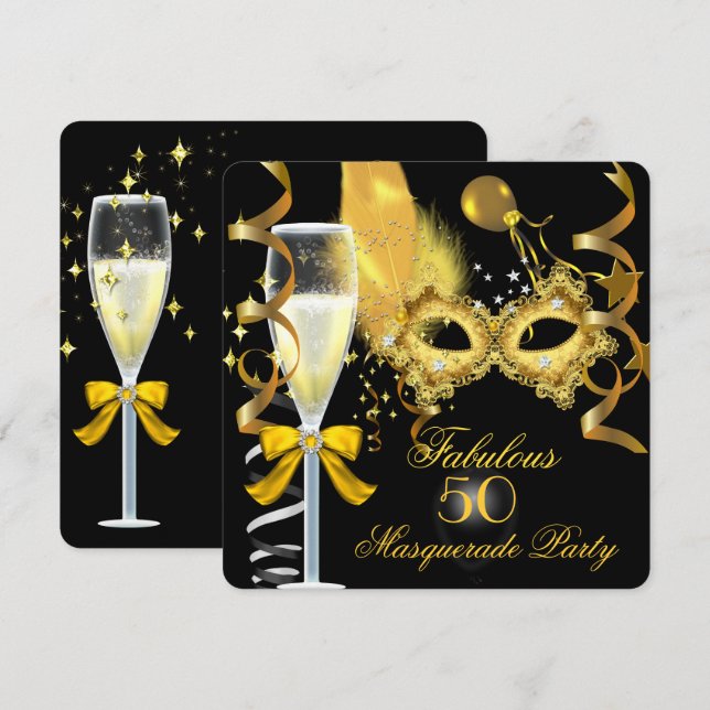50 & Fabulous Gold Black Masquerade Party Invitation (Front/Back)