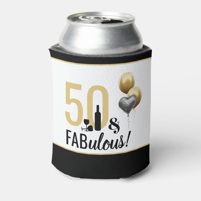 50 & Fabulous Gold & Black Modern Birthday Can Cooler (Can Back)