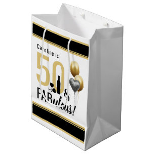 50 & Fabulous Gold & Black Modern Birthday Medium Gift Bag