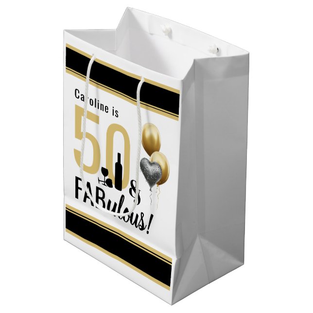 50 & Fabulous Gold & Black Modern Birthday Medium Gift Bag (Front Angled)