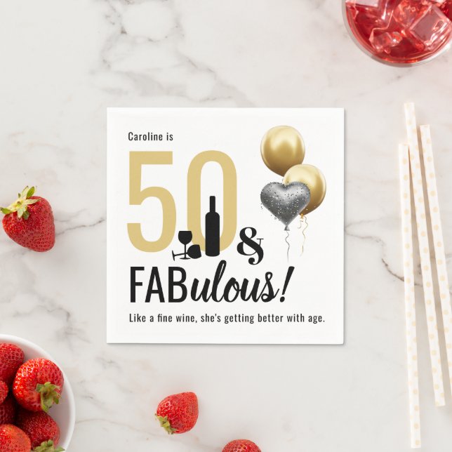 50 & Fabulous Gold & Black Modern Birthday Napkin (Insitu)