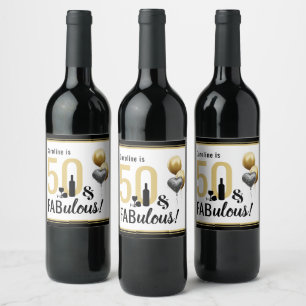 50 & Fabulous Gold & Black Modern Birthday Wine Label