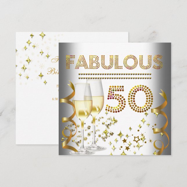 50 Fabulous Gold Champagne Invitation (Front/Back)