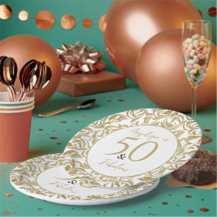 50 & Fabulous Gold Floral Pattern 50th Birthday Paper Plate