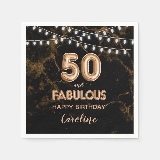 50 & Fabulous Gold Foil Balloons & String Lights Napkin (Front)