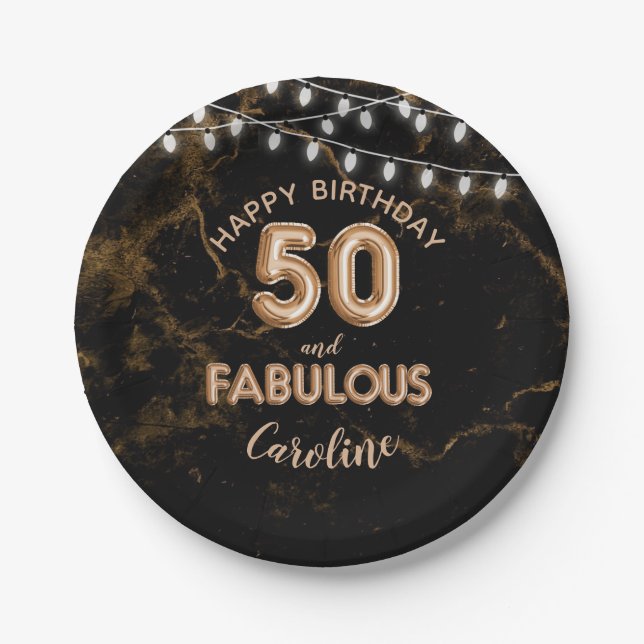 50 & Fabulous Gold Foil Balloons & String Lights Paper Plate (Front)