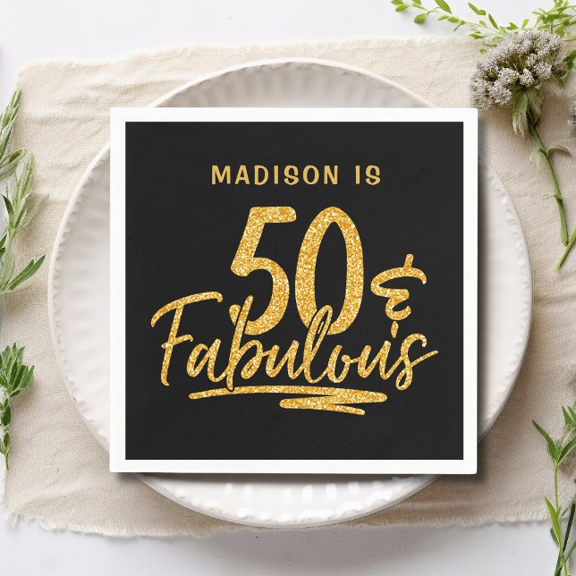 50 & Fabulous Gold Glitter 50th Birthday Name Napkin (Creator Uploaded)