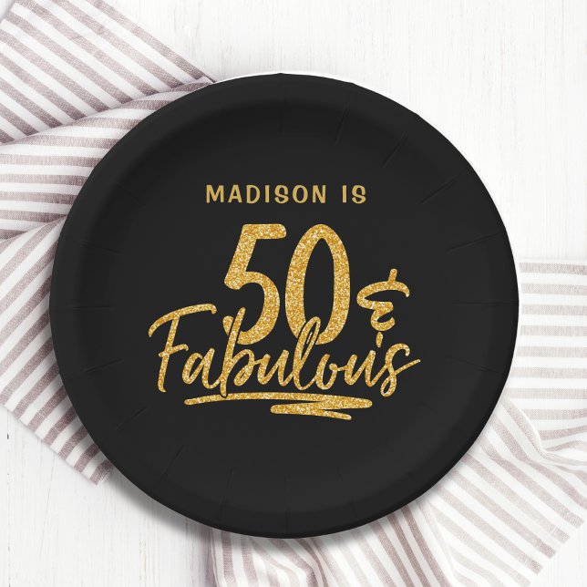50 & Fabulous Gold Glitter 50th Birthday Name Paper Plate (Creator Uploaded)
