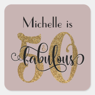 50 & Fabulous Gold Glitter Birthday Dusty Rose Square Sticker