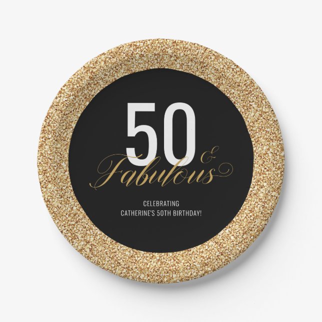 50 & Fabulous Gold Glitter Birthday Party Paper Plate (Front)