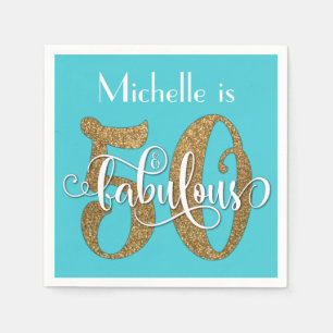 50 & Fabulous Gold Glitter Birthday Turquoise Napkin