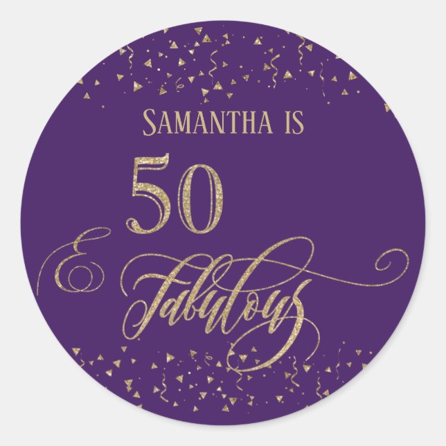 50 & Fabulous Gold Glitter Confetti, Deep Purple Classic Round Sticker (Front)