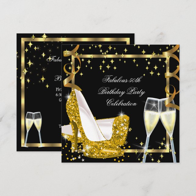 50 Fabulous Gold Glitter High Heels Birthday 3 Invitation (Front/Back)