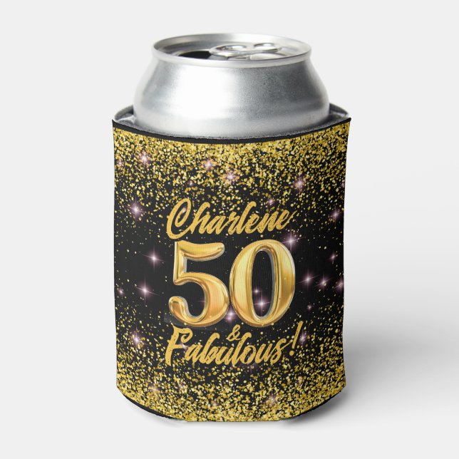 50 Fabulous Gold Glitter Pink Stars 50th Birthday Can Cooler (Can Front)