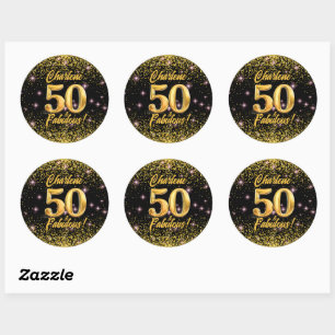 50 Fabulous Gold Glitter Pink Stars 50th Birthday Classic Round Sticker