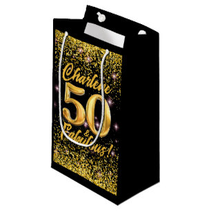 50 Fabulous Gold Glitter Pink Stars 50th Birthday Small Gift Bag