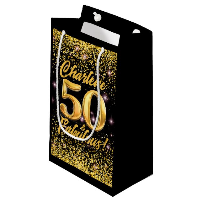 50 Fabulous Gold Glitter Pink Stars 50th Birthday Small Gift Bag (Front Angled)