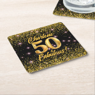 50 Fabulous Gold Glitter Pink Stars 50th Birthday Square Paper Coaster