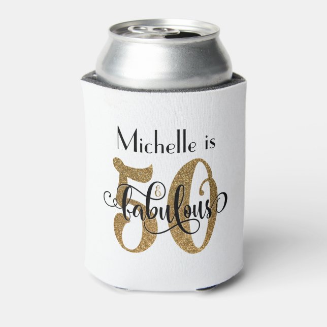 50 & Fabulous Gold Glitter Typography Birthday Can Cooler (Can Back)