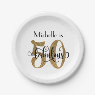 50 & Fabulous Gold Glitter Typography Birthday Paper Plate